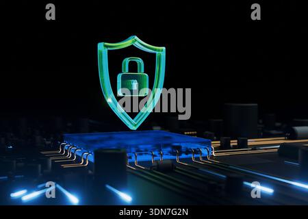 Futuristic cybersecurity concept featuring a glowing digital shield and padlock icon on a high-tech blue computer chip with flowing data circuits. Per Stock Photo