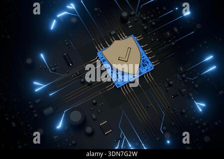 Futuristic microchip with a gold shield icon. Professional 3D render illustrating secure computing, information technology ethics, and corporate digit Stock Photo