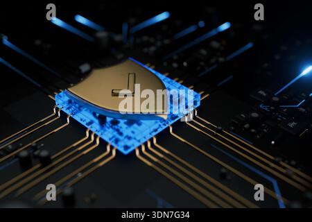 Close-up of a secure processor with a golden crest. Symbolic representation of encrypted hardware, motherboard protection, and defense against hacking Stock Photo