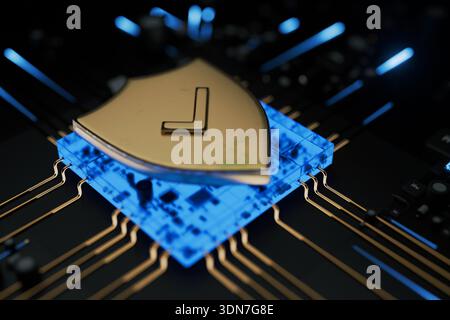 Gold shield on a glowing blue microchip circuit board. Conceptual 3D illustration of digital data protection, hardware security, and cyber safety in t Stock Photo