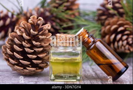Wood scents for winter time aromatherapy. Pine cones and fresh green fir tree boughs, essential oil bottles, top view Stock Photo