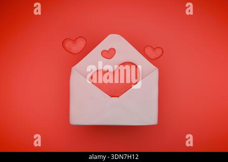 Minimalist 3D render of an open envelope with textured red hearts floating above it on a matching red background. A clean, modern concept for Valentin Stock Photo
