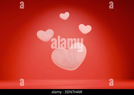 Minimalist 3D composition of glowing pink hearts floating in a red studio space. A versatile background for Valentine's Day, romantic social media pos Stock Photo