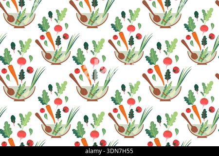 Seamless pattern with vegetables and kitchen utensils. Hand-drawn colorful salad leaves, vegetables, and kitchen utensils. Healthy organic produce. Fr Stock Vector