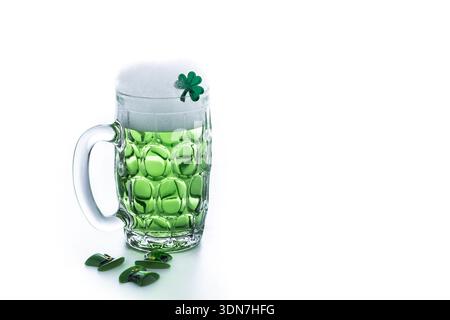Green beer mug with foam for St. Patrick’s Day isolated on white background Stock Photo