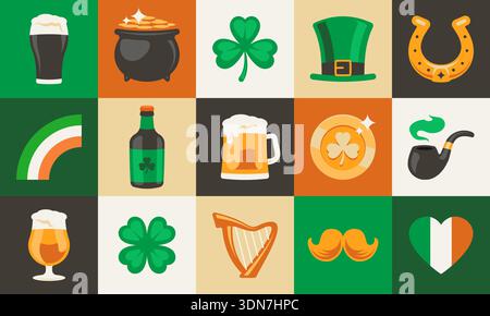 Set of Saint Patricks Day icons arranged in colorful mosaic grid. Irish symbols, beer, shamrock, hat, flag, gold and harp. Festive retro style design for posters, banners and social media. Vector EPS10 graphics. Stock Vector