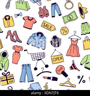 Shopping. seamless pattern with marketing items doodle pictures of clothes Stock Vector