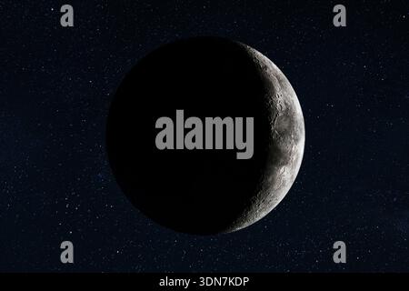Thin waning crescent moon glowing against a dark starry background. Sharp detail of the lit lunar edge and crater textures. Elegant celestial composit Stock Photo