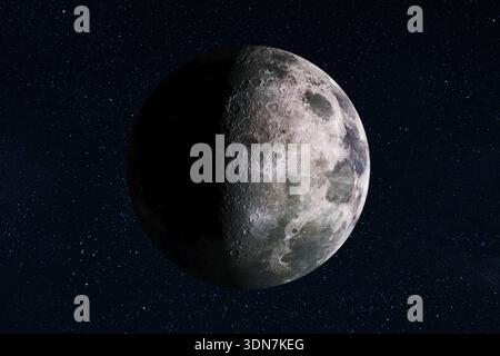 Close-up of a waning last quarter moon against a dense field of stars. Highly detailed lunar topography and cratering in deep space. Professional astr Stock Photo