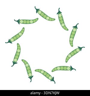 Round frame with pea pods. Hand-drawn colorful lettuce leaves, vegetables, and kitchen utensils. Healthy organic produce. Fresh, healthy vegetables. Stock Vector