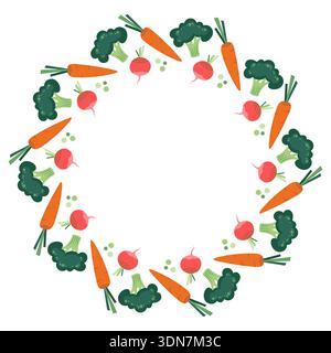 Round frame with radishes, carrots, and broccoli. Hand-drawn colorful lettuce leaves, vegetables, and kitchen utensils. Healthy organic produce. Fresh Stock Vector