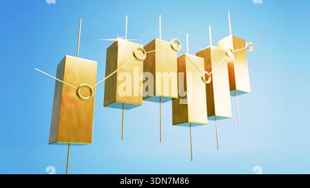 Golden Candlestick Stock Market Chart Concept. financial chart featuring golden Japanese candlestick bars and a rising line against a blue background. Stock Photo