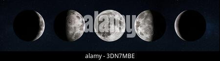 Panoramic sequence showing five moon phases against a starry dark sky. From left to right: waxing crescent, first quarter, full moon, last quarter, an Stock Photo