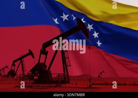 powerful conceptual image of the Venezuelan petroleum industry, showing an oil field with multiple pump jack silhouettes against a waving national fla Stock Photo