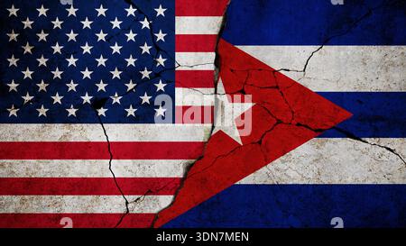USA and Cuba Flags on Cracked Concrete Wall. Flags of the United States and Cuba painted, cracked concrete texture. political tension, diplomatic conf Stock Photo