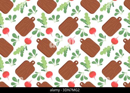 Seamless pattern with a wooden cutting board and vegetables. Hand-drawn colorful salad leaves, vegetables, and kitchen utensils. Healthy organic produ Stock Vector