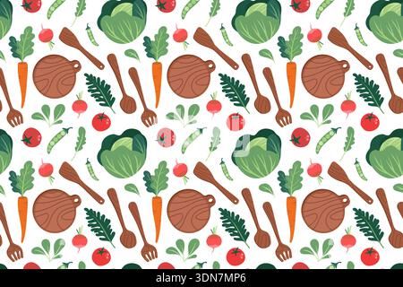 Seamless pattern with wooden kitchen utensils and vegetables. Hand-drawn colorful salad leaves, vegetables, and kitchen utensils. Healthy organic prod Stock Vector