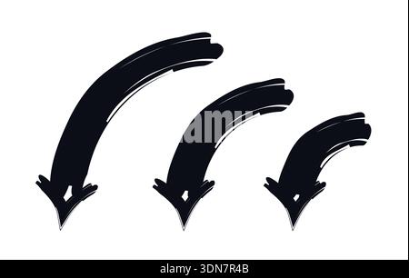 Curved down arrows in sweeping motion bold thick stroke graphic element set Stock Vector