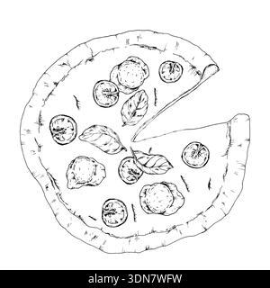 Black and white vector illustration of pizza with tomato slices and basil leaves. Hand drawn vegetarian food in ink line art style for restaurant Stock Vector