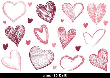 A collection of hand-drawn hearts in different shapes and textures, sketched in pink and red tones. Vector illustration. Stock Vector