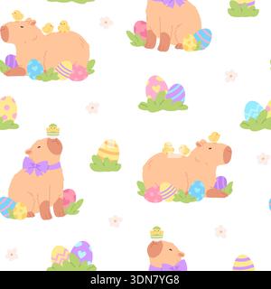 Easter capybara seamless pattern. Cute children capybaras characters, spring animal and decorations. Print for fabric, textile, wrapping, racy vector Stock Vector