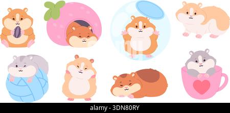 Cartoon fluffy hamster. Cute hamsters, cartoon rodents eating seed, sleep, sitting in cup. Funny rodent pet, children animal mascots, racy vector Stock Vector