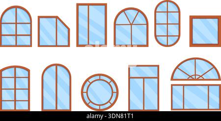 Cartoon windows. Wooden window frames, brown plastic frame. House apartment office repair elements, facade kit. Architectural design with glass Stock Vector