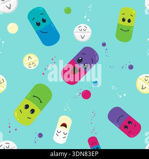 Pills characters seamless pattern. Bright capsules, vitamins or antibiotics, aspirin. Medicines print for fabric, wallpaper, wrapping, classy vector Stock Vector