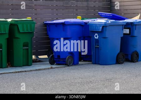 Green and blue containers for separating waste. Ontario, Canada Stock ...