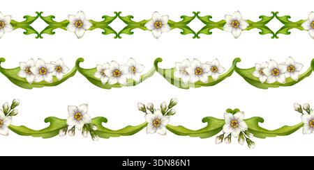 Set of seamless green borders with watercolor white flowers and leaves. Botanical horizontal pattern for holydays, Easter, Mother's Day, labels, frame Stock Photo