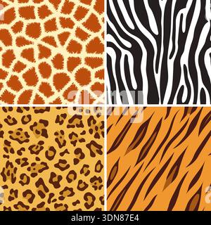 Four seamless tiling animal print giraffe, zebra, tiger and leopard, vector illustration Stock Vector