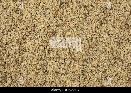 Macro crushed walnut kernels top view. Stock Photo