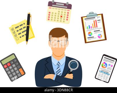 Auditing, Tax, Accounting Concept. Auditor Holds Magnifying Glass in Hand and Checks Financial Report with Charts, Calculator and Smartphone. Flat Sty Stock Vector