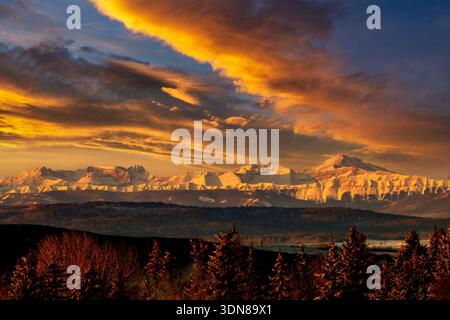 Fiery sunset over snowy mountain range with dramatic clouds and forest in foreground. Calgary, Canada Stock Photo