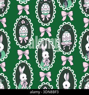 Cute rabbit seamless vector pattern with Easter eggs and bows. Stock Vector