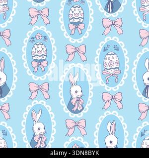 Cute rabbit seamless vector pattern with Easter eggs and bows. Stock Vector