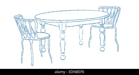 A whimsical hand-drawn illustration of a dining set. A classic vintage oval table and two chairs. A romantic dinner. Vector outline illustration in blue. Stock Vector