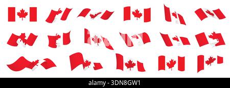 Canadian flag symbol collection, Canada flag set, Canada waving flag vector icons on isolated background, flying Canadian flag symbols, 3D flowing nat Stock Vector