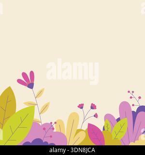 Playful spring season background flat illustration featuring seasonal elements like various colorful leaves, set against a copy space backdrop. Stock Vector