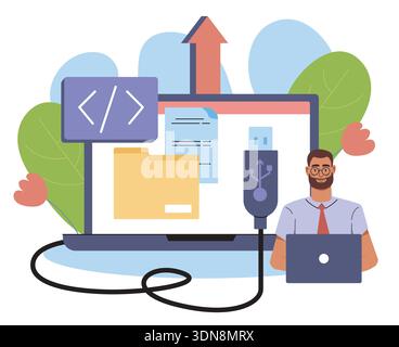 File transfer concept. Man using laptop transfers files to computer or tablet. Programmer sends documents from one device to another. Server and Stock Vector
