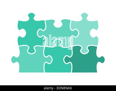 Puzzle pieces connected together - vector isolated object set. Six simple jigsaw puzzle pieces illustration. Flat design. Stock Vector