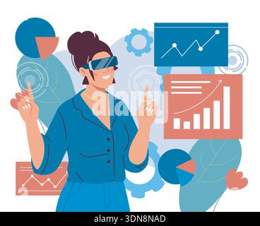 Woman in ar glasses. Businesswoman in augmented reality with graphs and diagrams. Modern technologies and innovations. Analyst works with statistics Stock Vector