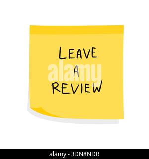 Leave a review. Product review and feedback concept. Yellow sticky note message. Paper sign. Stock Vector