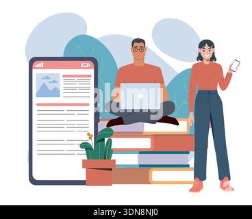 People with online books. Woman and man with laptop near stack of books. Love for reading and literature. Ebook in digital library. Education and Stock Vector