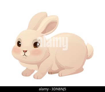 White rabbit sticker. Cute adorable bunny with brown eyes. Friendly domestic animal and pet. Fluffy and furry character. Toy or friend for kids. Flat Stock Vector