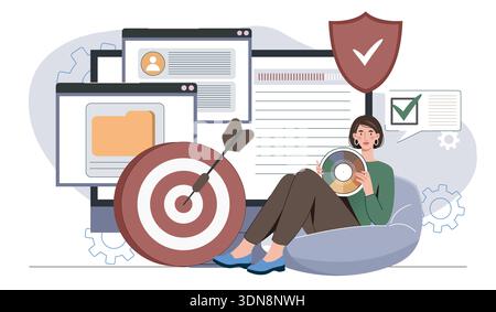 Software testing concept. Woman with palette near folders. Programmer and IT specialist, tester searches for errors and bugs in code of program or Stock Vector