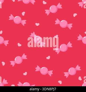 A sweet seamless pattern featuring pink wrapped candies and small hearts on a bright red background. Ideal for Valentine's Day designs, girl's apparel Stock Vector