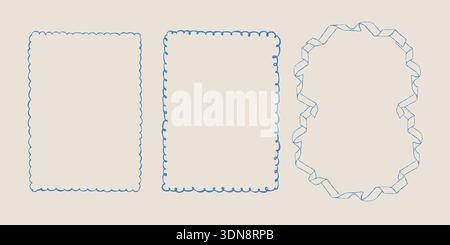 A set of vintage hand drawn spring frames. Ribbon frame and whimsical borders. A collection of doodle style outline illustrations in blue. Vector clip art for holidays and Easter. Stock Vector