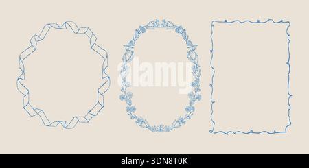A set of vintage hand drawn spring frames. Ribbon frames, floral borders, and whimsical borders. A collection of doodle style outline illustrations in blue. Vector clip art for holidays and Easter. Stock Vector
