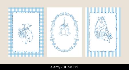 Easter invitation templates. A vintage set of Easter greeting cards featuring hand-drawn illustrations of a floral wreath, a baby goat, a duckling, Easter baskets with eggs, and a cake in soft pastel blue tones with retro patterns. Vector illustration. Stock Vector